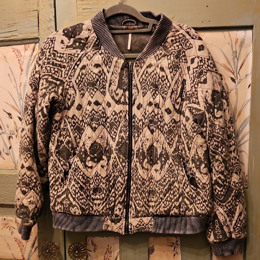 Free People Quilted Bomber Jacket in Black and Cream Ikat
